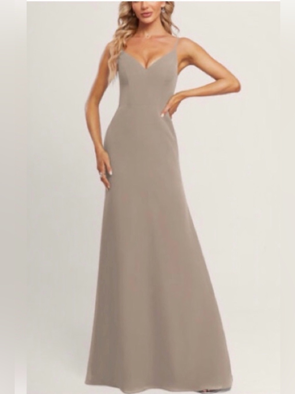 JJโs House Taupe A-line V-neck Floor Length Chiffon Dress Size 10
